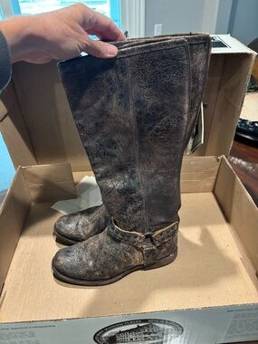 Frye Phillip Distressed Brown Leather Harness High Boots